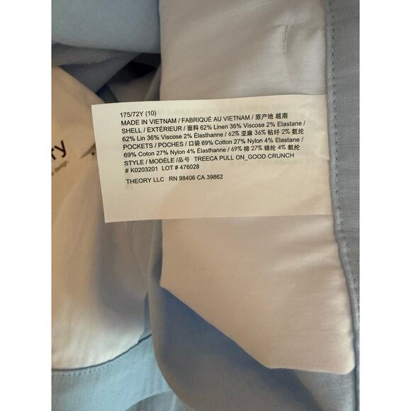 Theory Treeca Pull On Pants Women’s Size 10 Skylight Good Crunch Blue Linen NWT - Picture 8 of 9
